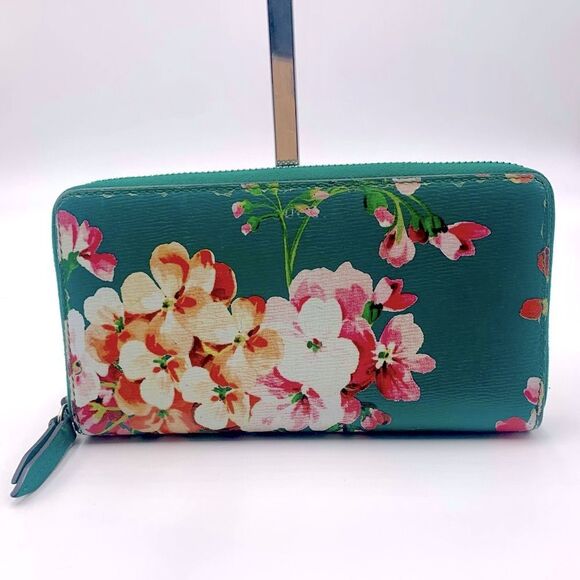 Auth GUCCI Blooms Long Green Painted Leather Zippy Wallet Very Good Preloved - Picture 1 of 11
